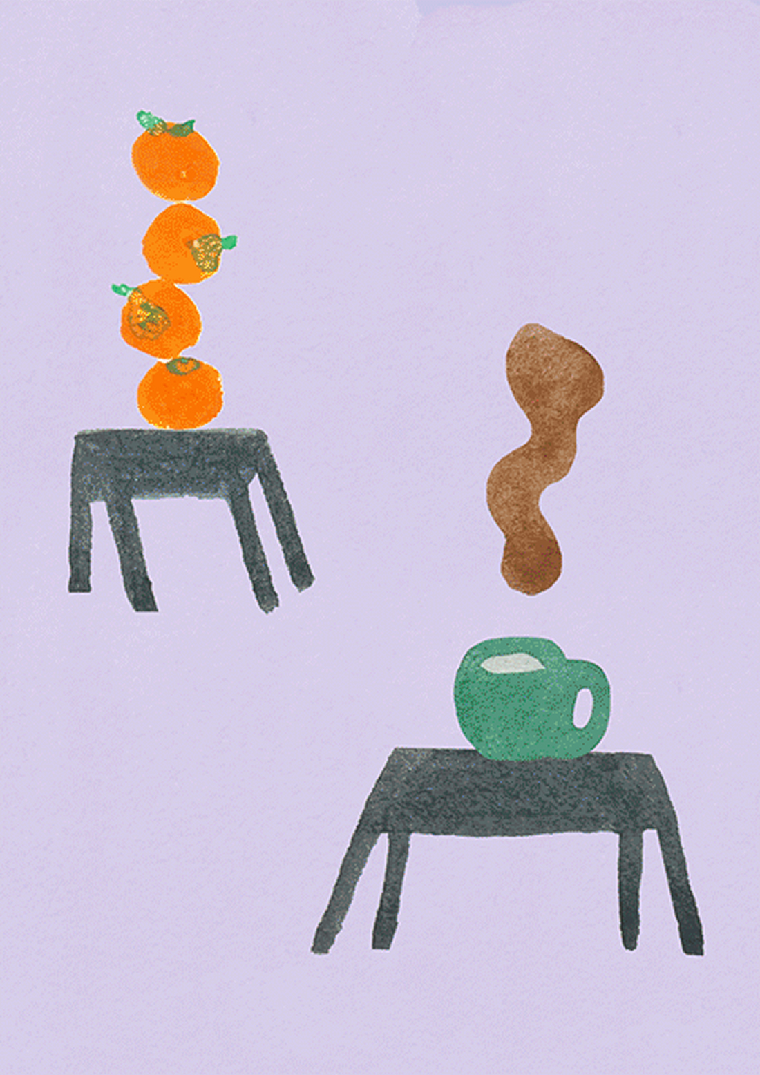 Appelsiner og kaffekrus på borde.